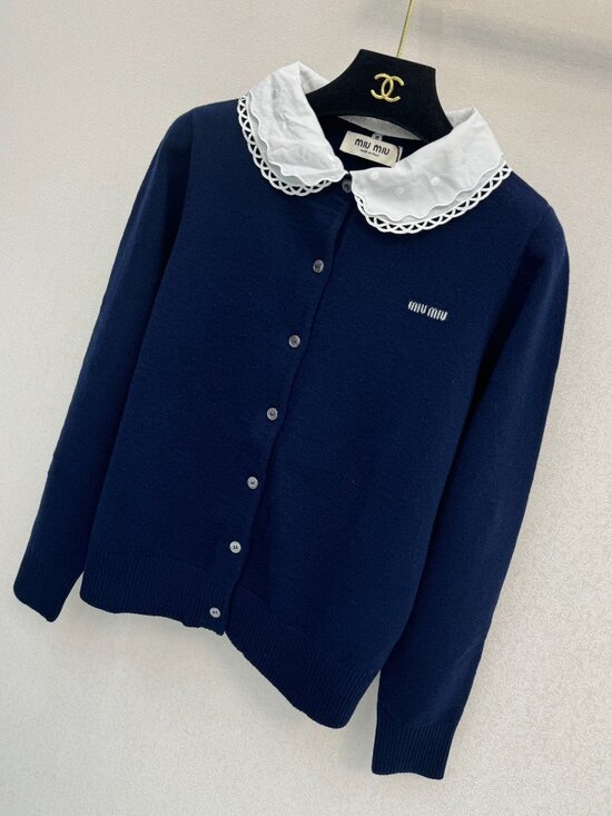 Miu Miu Lace Collar Knit Cardigan - Navy - Size L - Picture 2 of 6